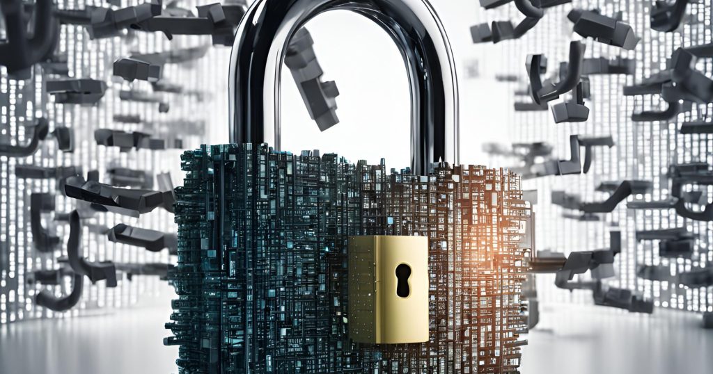 "Image depicting data encryption process with a padlock symbolizing security."
