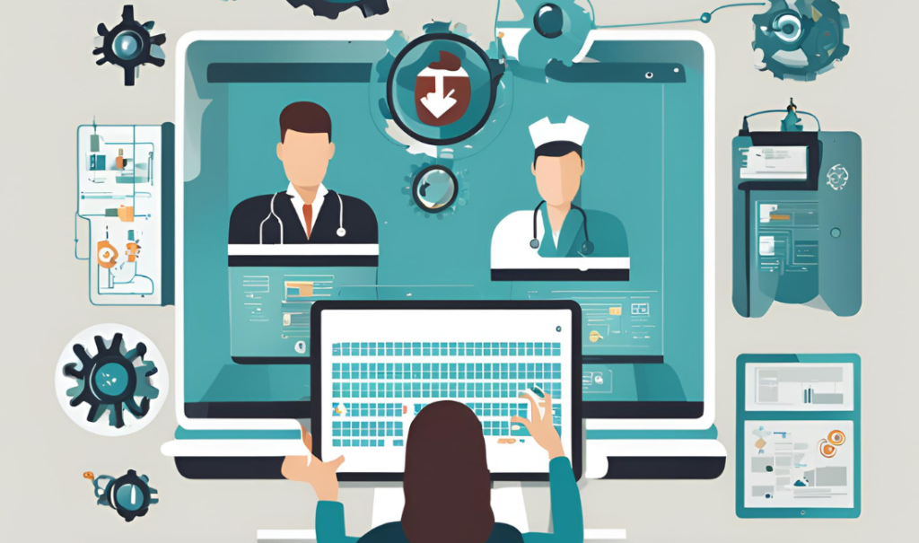 A healthcare professional using a tablet with icons of robotic arms and gears, representing automation in medical billing processes