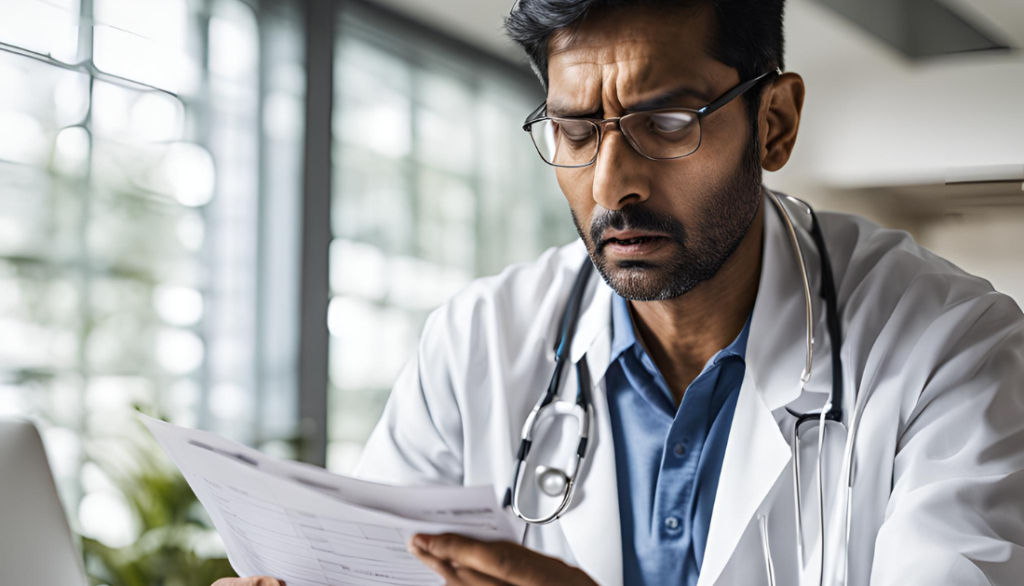 "What is Medical Debt? Understanding the Financial Impact of Healthcare Costs" "Person reviewing a medical bill with a concerned expression, illustrating the stress of medical debt."