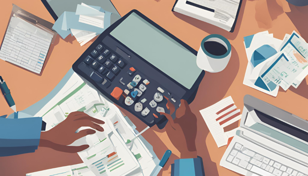 "Strategies for Managing Medical Debt: Practical Tips for Financial Control and Relief" "Individual managing medical debt at a desk with bills, a calculator, and a laptop, illustrating strategies for financial organization."